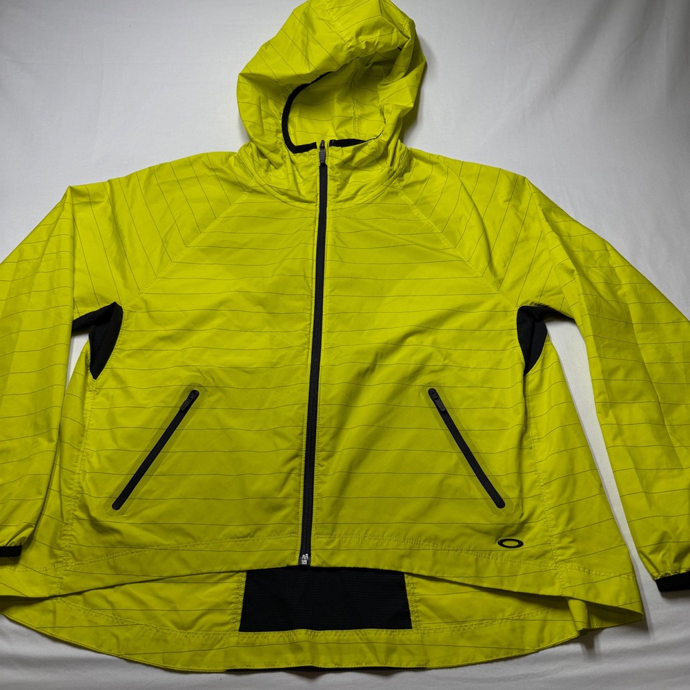 Oakley Womens Neon Yellow Striped Hooded Windbreaker Jacket Small RN96548